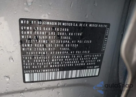 2021 Volkswagen Tiguan Se/Se R-Line Black/Sel z USA, uszkodzony, nr VIN 3VV2B7AX7MM005224